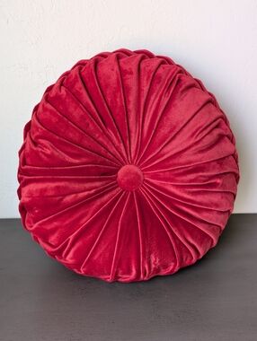 Red Plush Round Velvet Throw Pillow 13" Diameter Accent Decorative